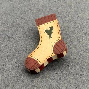 Christmas Stocking Brooch Pin Red Cream Green Hear